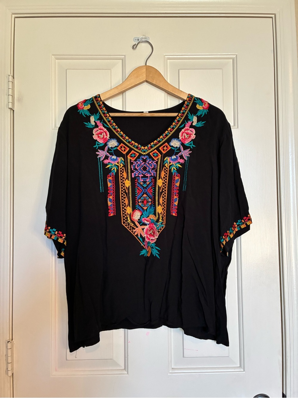 Embroidered Boho V-Neck Top - Black with Multicolor Floral Embroidery